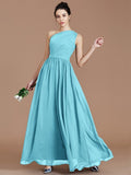 A-Line/Princess One-Shoulder Sleeveless Ruched Floor-Length Chiffon Bridesmaid Dresses TPP0005235