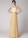 Sheath/Column Halter Sleeveless Pleats Long Elastic Woven Satin Chiffon Bridesmaid Dresses TPP0005653