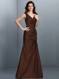 A-Line/Princess V-neck Pleats Sleeveless Long Satin Bridesmaid Dresses TPP0005497