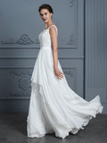 A-Line/Princess Scoop Sleeveless Ruffles Floor-Length Chiffon Wedding Dresses TPP0006839