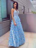 A-Line/Princess V-neck Tulle Applique Floor-Length Sleeveless Dresses TPP0001529