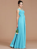 A-Line/Princess V-neck Sleeveless Ruched Floor-Length Chiffon Bridesmaid Dresses TPP0005504