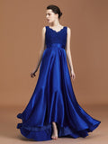 A-Line/Princess V-neck Sleeveless Satin Asymmetrical Lace Bridesmaid Dress TPP0005532