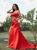 Sheath/Column Satin Ruched Strapless Sleeveless Sweep/Brush Train Dresses TPP0001499