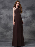 A-line/Princess Straps Ruched Sleeveless Long Chiffon Bridesmaid Dresses TPP0005379