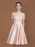 A-Line/Princess Applique Sweetheart Knee-Length Off-the-Shoulder Satin Bridesmaid Dresses TPP0005680