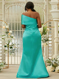 Sheath/Column Satin Ruched One-Shoulder Sleeveless Sweep/Brush Train Bridesmaid Dresses TPP0004923