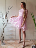 A-Line/Princess Short Sleeves Organza Sheer Neck Applique Short/Mini Homecoming Dresses TPP0004782