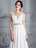 A-Line/Princess Sleeveless V-neck Sweep/Brush Train Chiffon Wedding Dresses TPP0006487