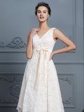 A-Line/Princess V-neck Sleeveless Knee-Length Lace Bowknot Wedding Dresses TPP0006531