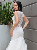 Trumpet/Mermaid Tulle Lace V-neck Sleeveless Sweep/Brush Train Wedding Dresses TPP0006142