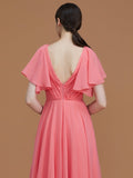 A-Line/Princess V-neck Short Sleeves Floor-Length Ruched Chiffon Bridesmaid Dresses TPP0005041