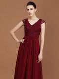 A-Line/Princess Lace Short Sleeves Chiffon Ruched V-neck Floor-Length Bridesmaid Dresses TPP0005649