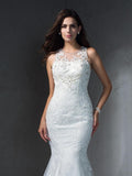 Trumpet/Mermaid Scoop Applique Sleeveless Long Lace Wedding Dresses TPP0006136