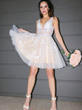 A-Line/Princess V-neck Tulle Applique Sleeveless Short/Mini Homecoming Dresses TPP0003503