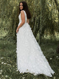 A-Line/Princess Sleeveless Organza V-neck Applique Sweep/Brush Train Wedding Dresses TPP0006149