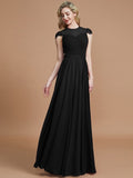 A-Line/Princess Scoop Short Sleeves Chiffon Floor-Length Bridesmaid Dresses TPP0005597