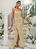 Sheath/Column Elastic Woven Satin Ruched Square Sleeveless Sweep/Brush Train Bridesmaid Dresses TPP0004933