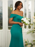 Sheath/Column Jersey Ruffles Off-the-Shoulder Sleeveless Sweep/Brush Train Bridesmaid Dresses TPP0004980