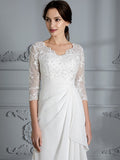 Sheath/Column V-neck 3/4 Sleeves Chiffon Floor-Length Wedding Dresses TPP0006363