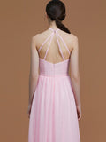 A-Line/Princess Halter Sleeveless Floor-Length Ruched Chiffon Bridesmaid Dresses TPP0005663