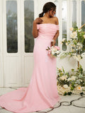 Sheath/Column Stretch Crepe Ruched Off-the-Shoulder Sleeveless Sweep/Brush Train Bridesmaid Dresses TPP0004974