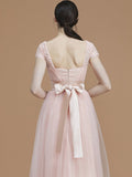 A-Line/Princess Bateau Short Sleeves Floor-Length Sash/Ribbon/Belt Tulle Bridesmaid Dresses TPP0005494