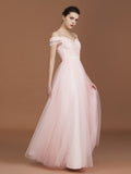 A-Line/Princess Short Sleeves Lace Spaghetti Straps Ruched Sweetheart Floor-Length Tulle Bridesmaid Dresses TPP0005826