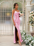 Sheath/Column Sequins Ruched Spaghetti Straps Sleeveless Floor-Length Bridesmaid Dresses TPP0004929