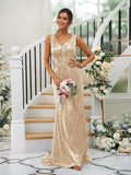 Sheath/Column Sequins Ruched V-neck Sleeveless Sweep/Brush Train Bridesmaid Dresses TPP0004958