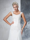 A-Line/Princess Straps Beading Sleeveless Long Chiffon Wedding Dresses TPP0006465