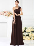 A-Line/Princess One-Shoulder Pleats Hand-Made Flower Sleeveless Long Chiffon Bridesmaid Dresses TPP0005131