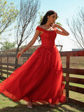 A-Line/Princess Tulle Applique Off-the-Shoulder Sleeveless Floor-Length Dresses TPP0001443