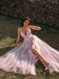 A-Line/Princess Tulle Applique V-neck Sleeveless Sweep/Brush Train Dresses TPP0001430