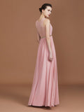 A-Line/Princess Lace Sleeveless Floor-Length Chiffon Ruched V-neck Bridesmaid Dresses TPP0005862