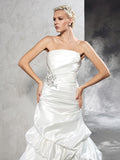 Sheath/Column Strapless Pleats Sleeveless Long Satin Wedding Dresses TPP0006965