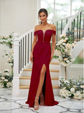 Sheath/Column Stretch Crepe Ruched Off-the-Shoulder Sleeveless Sweep/Brush Train Bridesmaid Dresses TPP0004926