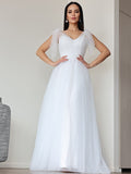 A-Line/Princess Tulle Ruffles V-neck Sleeveless Floor-Length Wedding Dresses TPP0007026