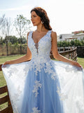 A-Line/Princess Tulle Applique V-neck Sleeveless Sweep/Brush Train Dresses TPP0001441