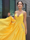 A-Line/Princess Satin Ruffles V-neck Sleeveless Sweep/Brush Train Dresses