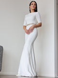 Sheath/Column Stretch Crepe Ruched Scoop 1/2 Sleeves Sweep/Brush Train Wedding Dresses TPP0007027