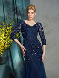 Sheath/Column V-neck Applique 3/4 Sleeves Long Net Mother of the Bride Dresses TPP0007185