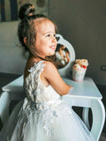 A-Line/Princess Tulle Lace V-neck Sleeveless Ankle-Length Flower Girl Dresses TPP0007460