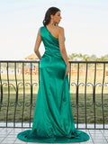 Sheath/Column Silk like Satin Ruched One-Shoulder Sleeveless Sweep/Brush Train Dresses TPP0001433