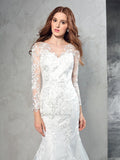 Sheath/Column Sheer Neck Lace Long Sleeves Long Net Wedding Dresses TPP0006518