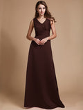 A-Line/Princess V-neck Long Sleeveless Elastic Woven Satin Bridesmaid Dresses TPP0005409