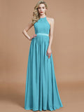 A-Line/Princess Halter Sleeveless Ruched Floor-Length Chiffon Bridesmaid Dresses TPP0005700