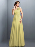 A-Line/Princess One-Shoulder Hand-Made Flower Pleats Sleeveless Long Chiffon Bridesmaid Dresses TPP0005399