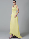 A-Line/Princess Straps Ruched Sleeveless High Low Satin Bridesmaid Dresses TPP0005525