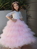 A-Line/Princess Tulle Lace Scoop 3/4 Sleeves Ankle-Length Flower Girl Dresses TPP0007497